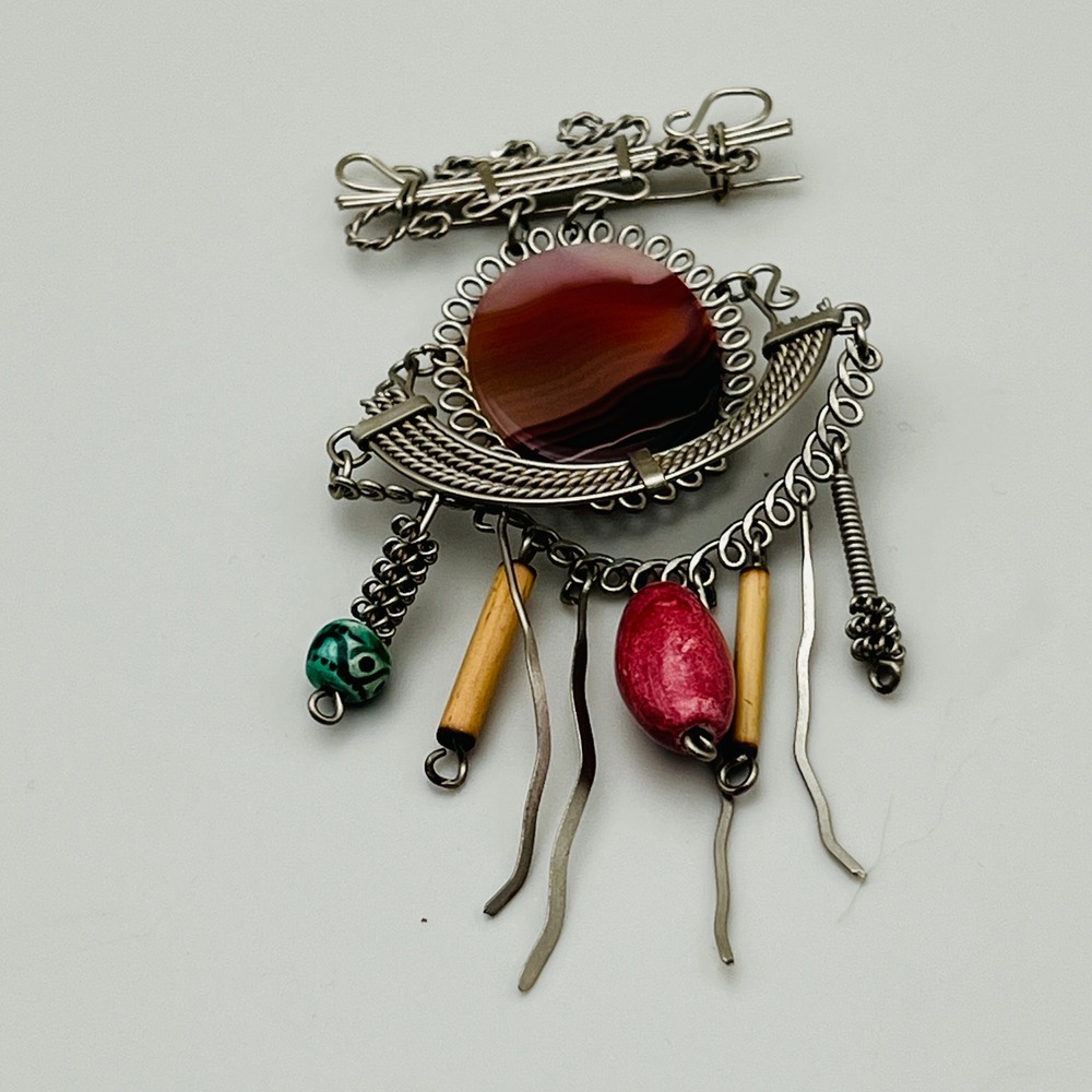 Artisan Brooch Dangle Pendant Agate Cabochon Mixed Media Statement Pin